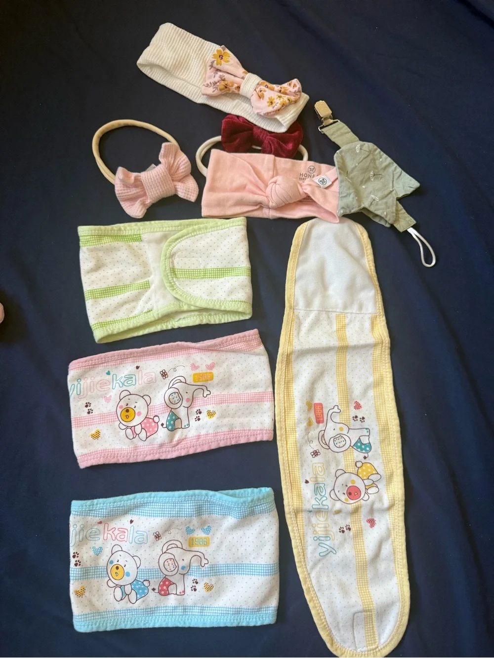 pacifier clip,baby belly band, set Green, pink, yellow and blue and head bands.